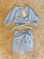Flowering Girl Women blue wrap-up bat sleeve cotton-linen set two-piece set