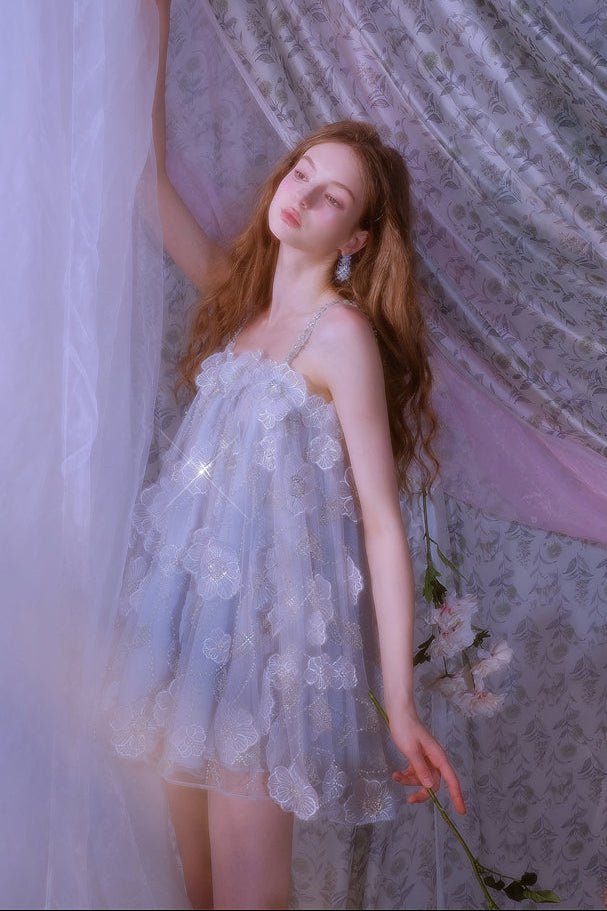 Tutu Light Blue Sleeveless Flower Diamond Short Doll Dress