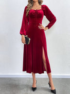 Flowering Girl Women wine red Slit square neck puff sleeve long velvet dress