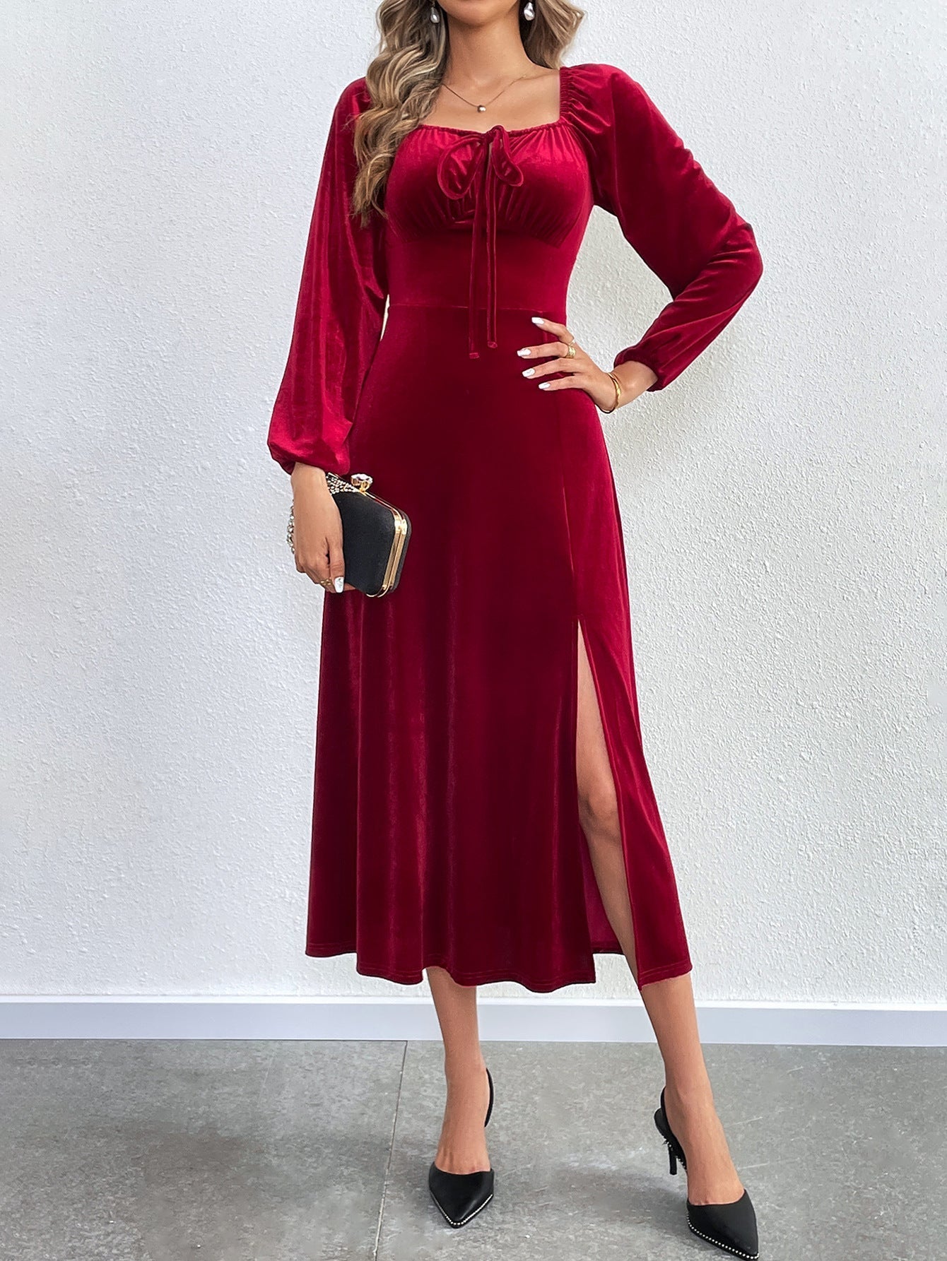 Flowering Girl Women wine red Slit square neck puff sleeve long velvet dress