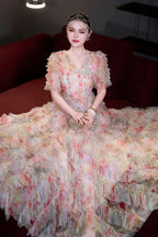 Flowering Girl Women Jodie v Neck Multicolor Ruffle Trim Tulle Maxi Dress