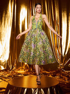 Flowering Girl Women Penny v-Neck Flower Appliqué Backless Midi Dress In Green