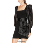 octavia black Square Neck satin mini Dress with Belt