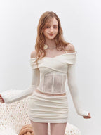Ava White Lace Knitted Fishbone Top Hip Skirt Two-Piece Set