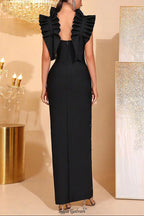 nelly Beading detail ruffle high slit maxi dress in black