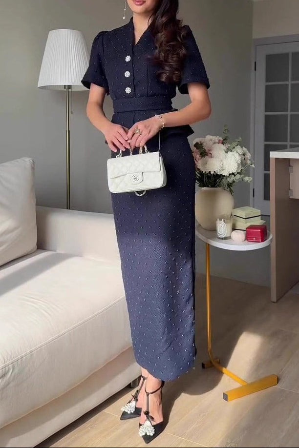 Flowering Girl Women navy blue short-sleeved long skirt suit dress