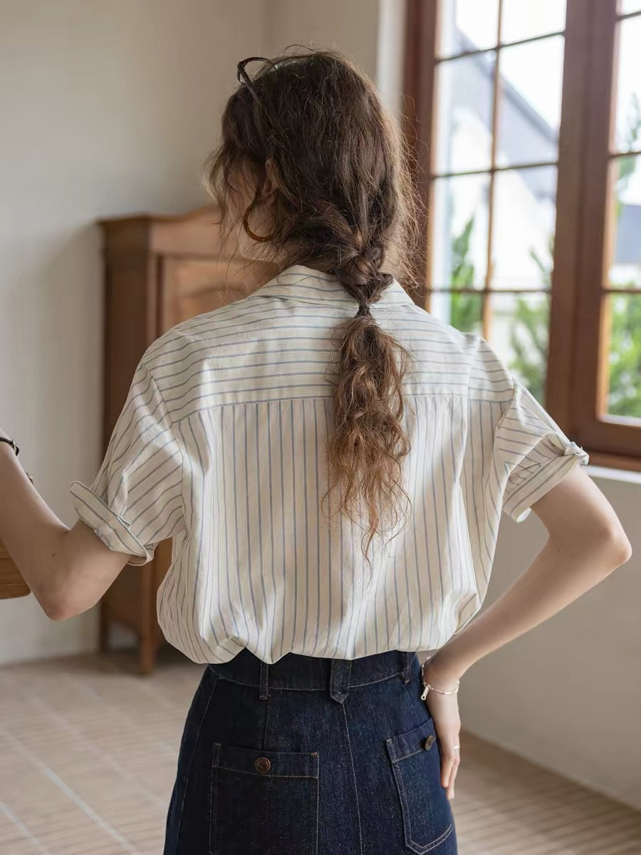 Flowering Girl Women striped texture cotton-linen short collar shirt