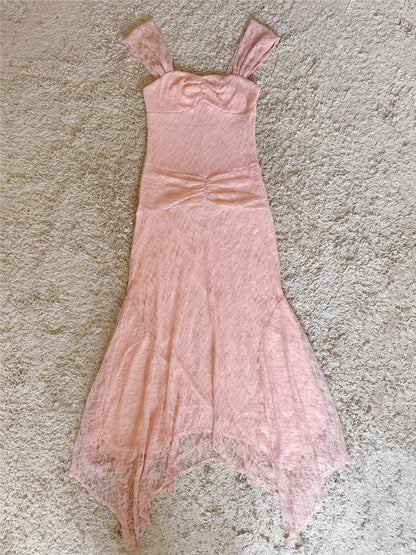 Bow Strap Ruched Lace Mermaid Midi Dress