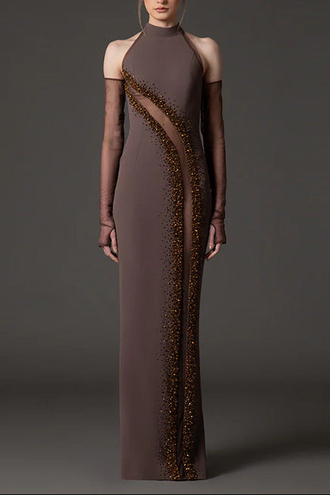 Flowering Girl Women vivien Brown Beading High Neck Maxi Dress