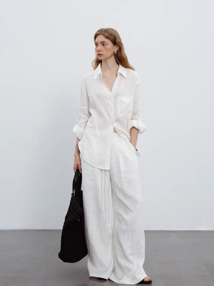 Flowering Girl Women white V-neck linen long-sleeved shirt