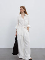 Flowering Girl Women white V-neck linen long-sleeved shirt