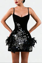hedy Rhinestone Feather Bandage Strappy mini Dress - black