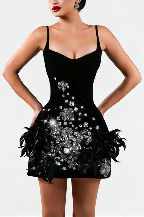 hedy Rhinestone Feather Bandage Strappy mini Dress - black