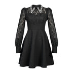 lynn black rhinestone collar neck lace hollow sleeve mini dress