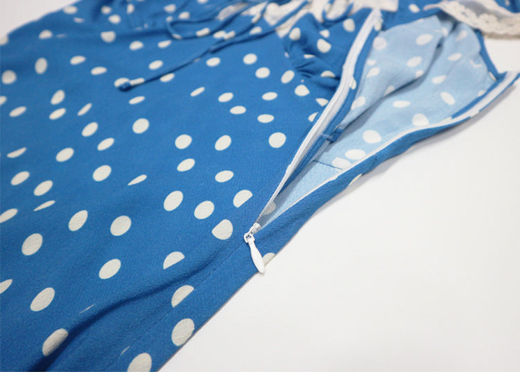 Flowering Girl Women Lyuba Polka Dot Lace-Trimmed V-Neck Maxi Dress In Blue