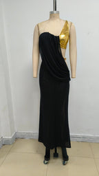 Flowering Girl Women Elvira One-Shoulder Metal Chain Decoration Maxi Dress In Black