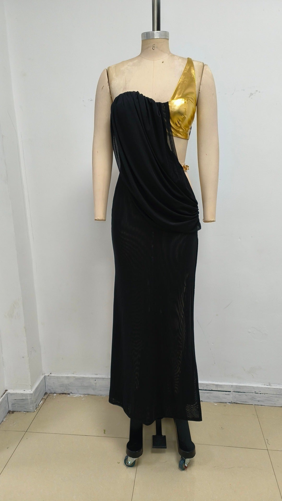 Flowering Girl Women Elvira One-Shoulder Metal Chain Decoration Maxi Dress In Black
