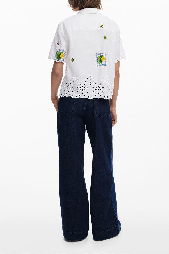 White Embroidered Eyelet Hem Short Sleeve Shirt