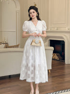 White Eyelet Embroidered Puff Sleeve Midi Dress