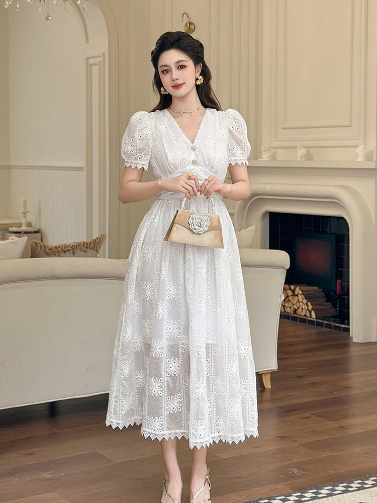 White Eyelet Embroidered Puff Sleeve Midi Dress