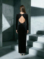 lee Black long-sleeve backless studded fishtail velvet maxi dress