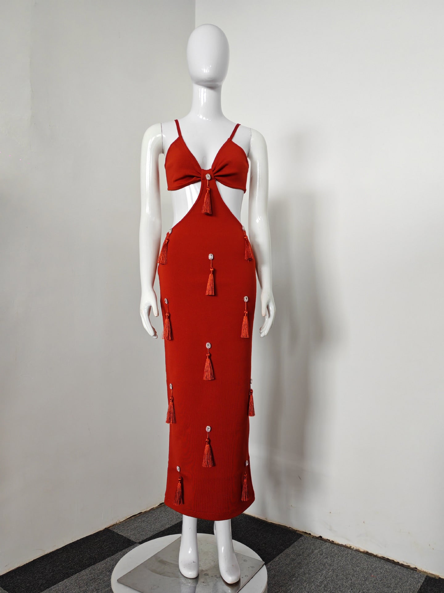 Deep-V Diamond Tassels Bandage Maxi Dress In Red