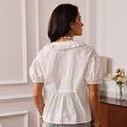 Embroidered Cotton Short-Sleeved Lace Hollow Button Top