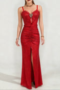 Bertha High Slit Pleated Sequin Maxi Dress In Red