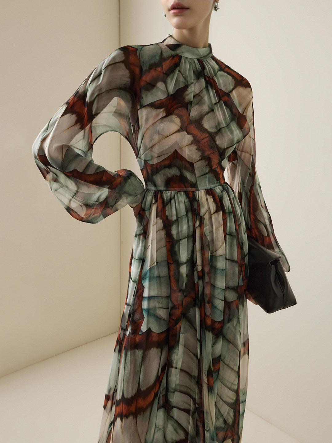 Abstract Butterfly Print Chiffon Maxi Dress