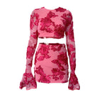 Nefertiti Apricot Embroidered Floral Backless T-Shirt And Skirt Set