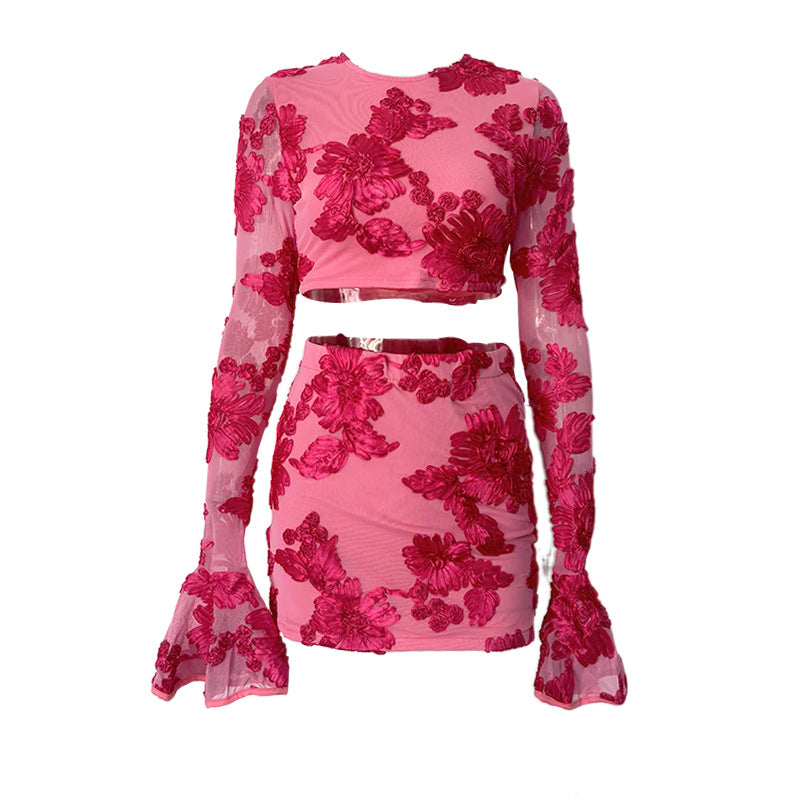 Nefertiti Apricot Embroidered Floral Backless T-Shirt And Skirt Set