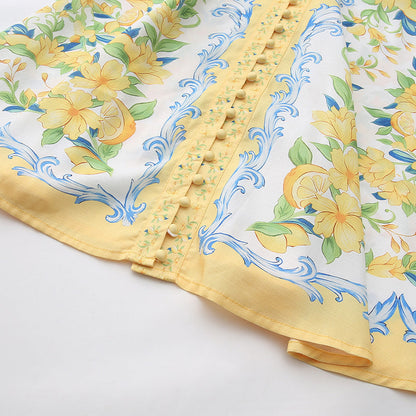 Lemon Floral Single-Breasted Midi Dress With Belt - yellow