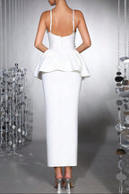 White Bodycon Midi Dress Bandage Elastic Sling With Handmade Flower
