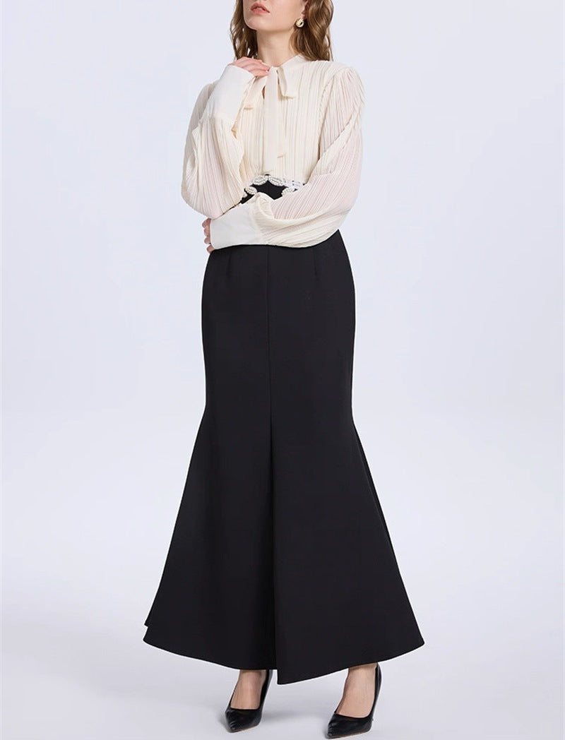carlin Balloon Sleeve Ruched Tie Up Midi Dress - white & black
