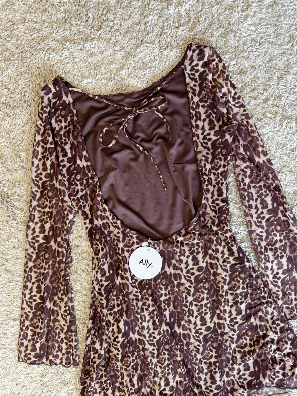 Flowering Girl Women leopard print mesh flared sleeve tie backless flared sleeve short dress