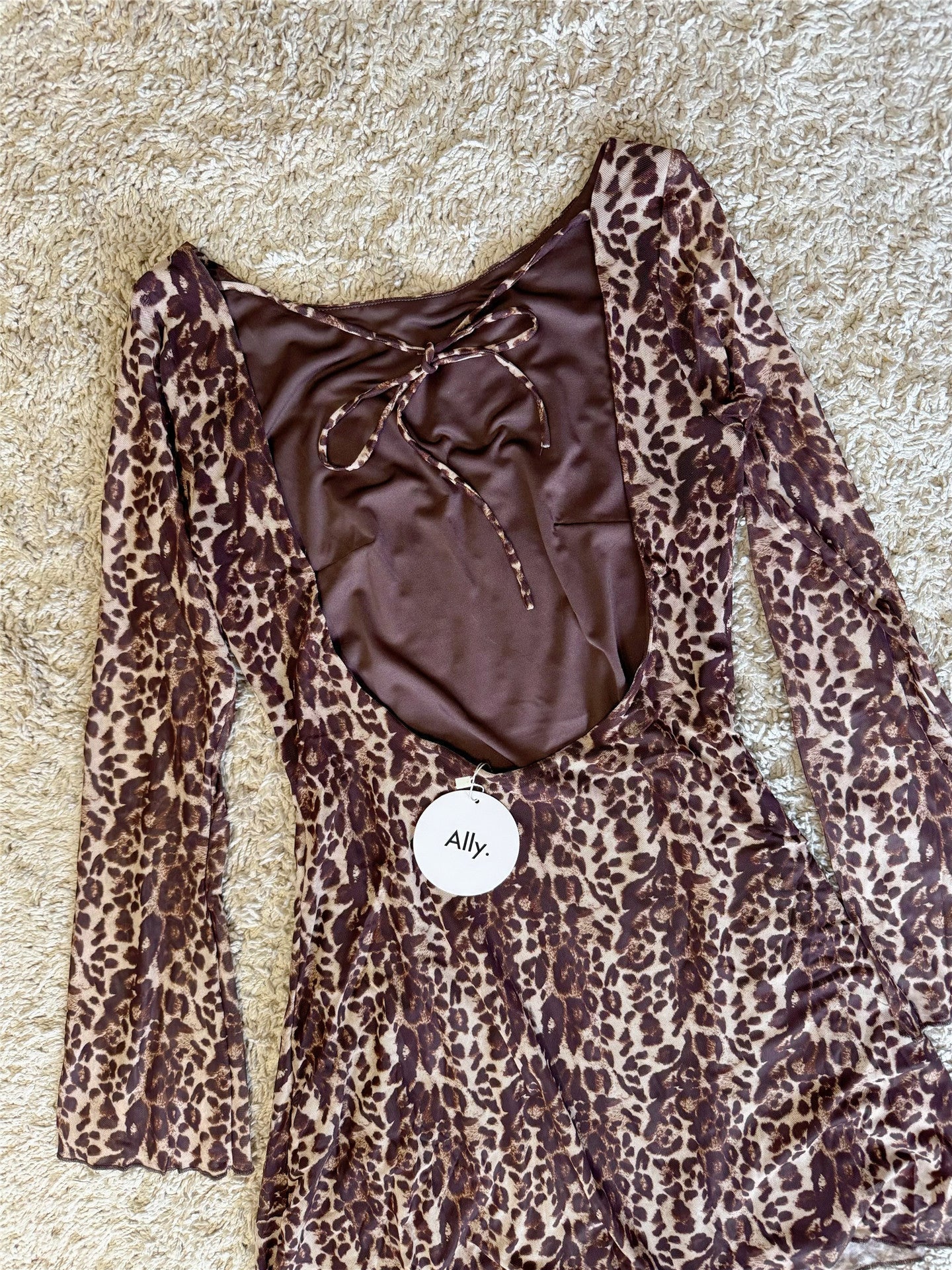leopard print mesh flared sleeve tie backless flared sleeve short dress