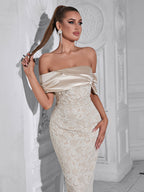 Polly Contour Off-Shoulder Jacquard Floral Maxi Dress - Apricot