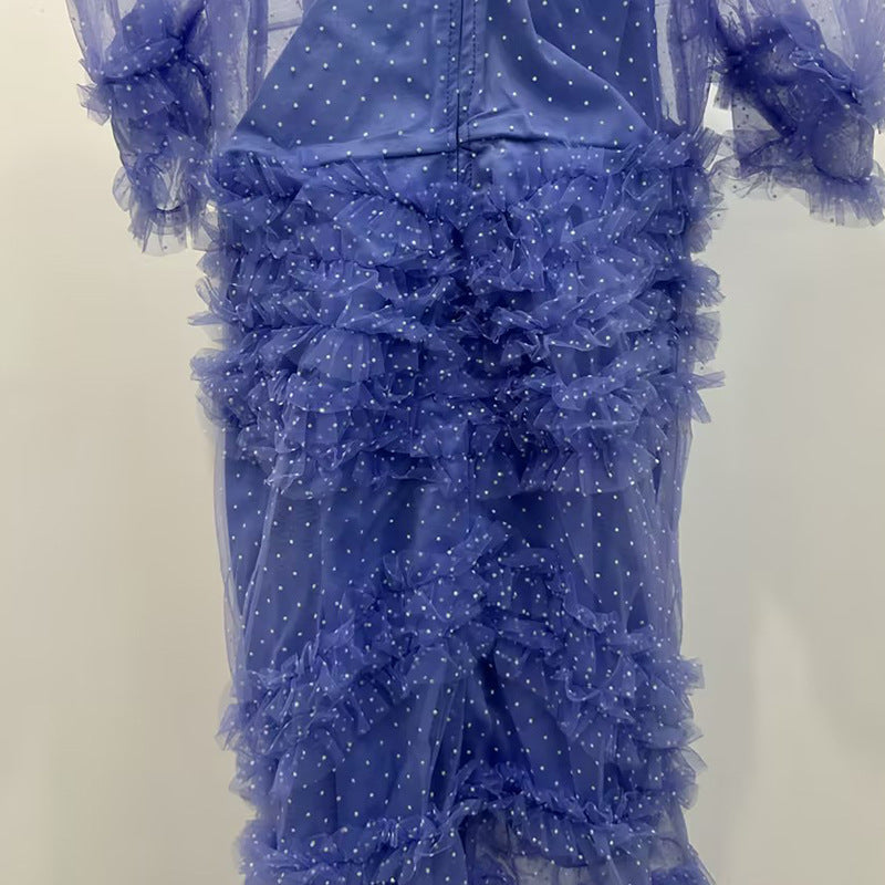 Flowering Girl Women v-neckline tiered mesh gown in blue