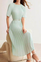 Mint Green Pleated Midi Dress with Belt