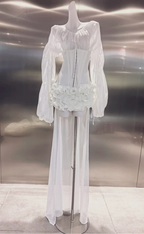 Flowering Girl Women Off Shoulder Sheer Sleeve Corset Ruffle High Low Mini Dress
