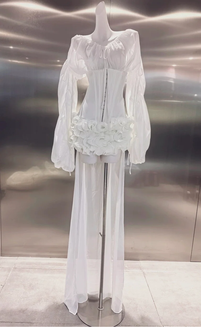 Flowering Girl Women Off Shoulder Sheer Sleeve Corset Ruffle High Low Mini Dress