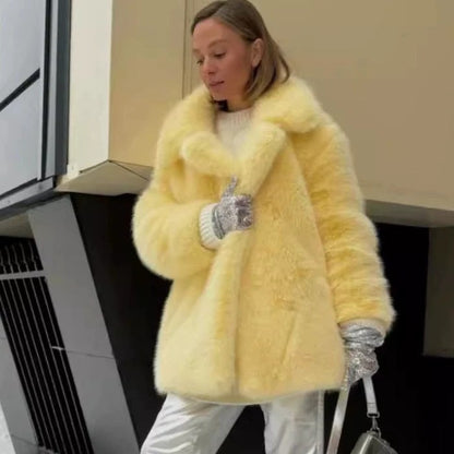 imitation fox fur coat in winter