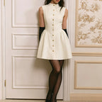 Flowering Girl Women Stand Collar Gold Button Sleeveless Mini Dress