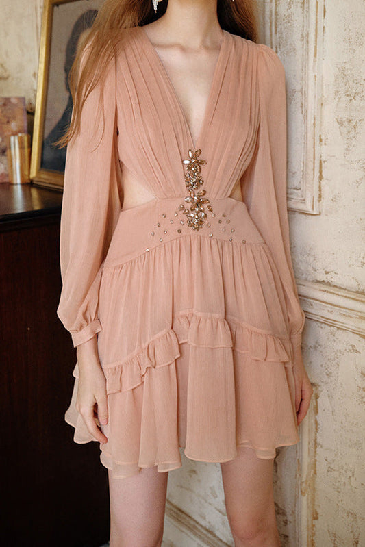 jessica  champagne pink chiffon rhinestone embellished mini dress