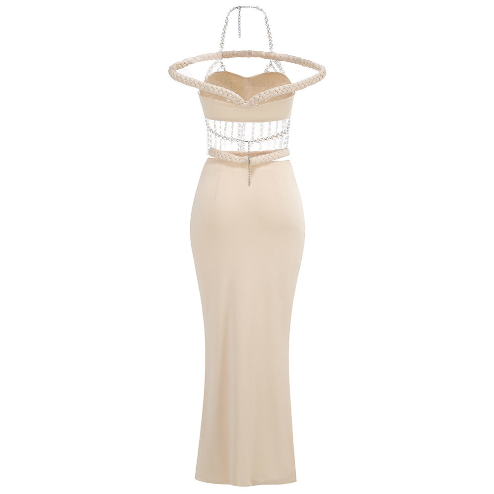 Flowering Girl Women crystal chain embellished fishtail skirt set in apricot