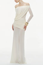 cara Off-shoulder long sleeve pleated mesh maxi dress in white