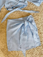Flowering Girl Women blue wrap-up bat sleeve cotton-linen set two-piece set