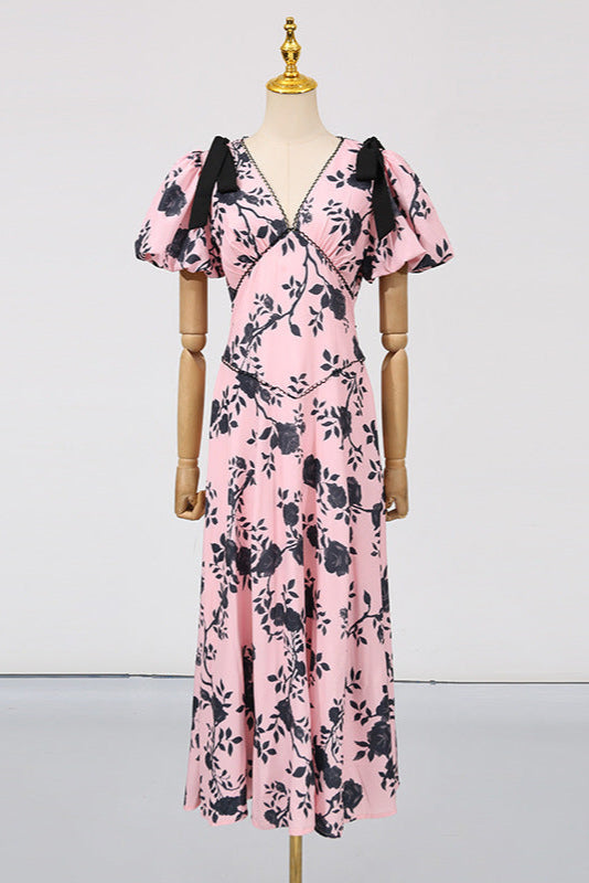 Flowering Girl Women v-Neck Satin Floral Midi Dress In Pink