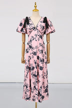 Flowering Girl Women v-Neck Satin Floral Midi Dress In Pink