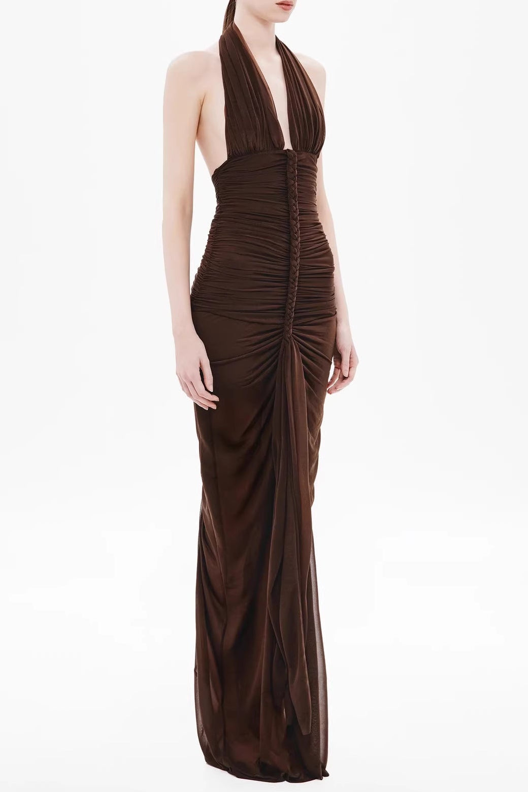 Flowering Girl Women nancy v-neck pleated braided bodycon maxi dress - brown